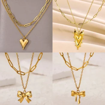 kf S36e60c7fbb974820b61b99325cb23981f Double Layer Necklace Semi 3d Pointed Heart Necklace For Women Hip Hop Stainless Steel 18k Gold
