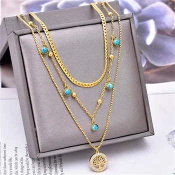 kf S71eb3c90402e4eb5a6036483e21da321w 316L Stainless Steel New Fashion Fine Jewelry 3 layer Star Moon Tree Love Charms Thick Chain
