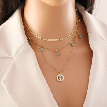kf S87eb485aa85d4cb58db915e279673581i 316L Stainless Steel New Fashion Fine Jewelry 3 layer Star Moon Tree Love Charms Thick Chain