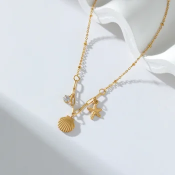 kf Sa83eee49247e491cb9920cab421d1838B EILIECK 316L Stainless Steel Starfish Shell Zircon Pendant Necklace For Women Fashion New Gift Gold Color