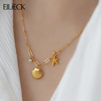 kf Sc96bd4b1472843ef95935e09b65054f4c EILIECK 316L Stainless Steel Starfish Shell Zircon Pendant Necklace For Women Fashion New Gift Gold Color