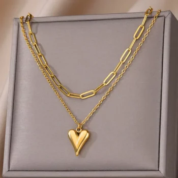 kf Sd0dc9eab66e5448c8b34abe14f2df9c7n Double Layer Necklace Semi 3d Pointed Heart Necklace For Women Hip Hop Stainless Steel 18k Gold