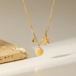 kf Sa83eee49247e491cb9920cab421d1838B EILIECK 316L Stainless Steel Starfish Shell Zircon Pendant Necklace For Women Fashion New Gift Gold Color