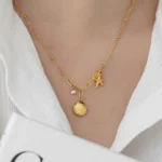 kf Sa83eee49247e491cb9920cab421d1838B EILIECK 316L Stainless Steel Starfish Shell Zircon Pendant Necklace For Women Fashion New Gift Gold Color