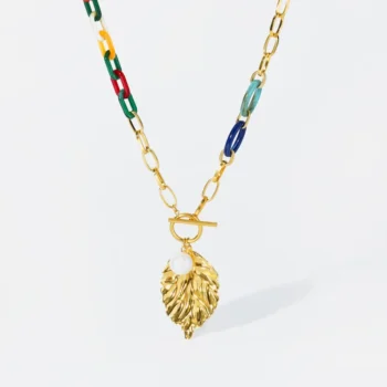kf Sf130780bcd59465092ad1d4186350b38g EILIECK 316L Stainless Steel Exaggerated Large Leaves Pendant Necklace For Women Fashion Creative Acrylic Splicing Chain